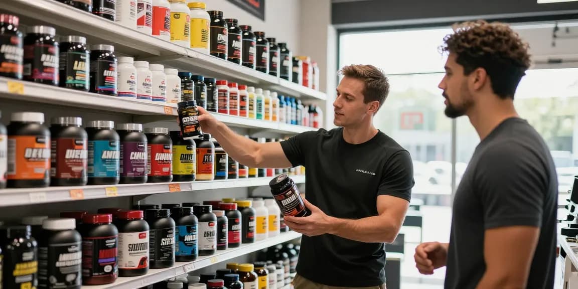 Astera Shop featuring knowledgeable staff assisting customer with Astera Labs steroids in a vibrant, inviting supplement store.