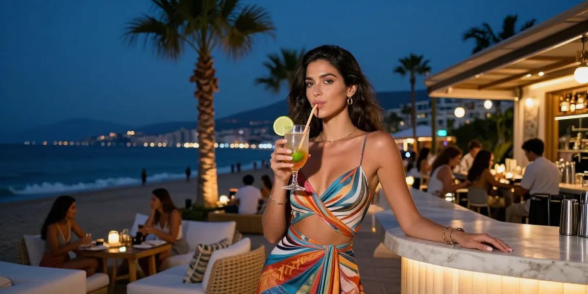 Antalya Ucuz Escort at a chic beachfront bar, enjoying a cocktail in a vibrant nightlife setting.