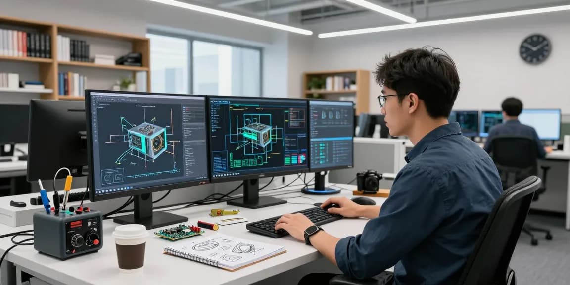 NAGA2000 technology development scene with an engineer at workstation, showcasing advanced schematics and tools.