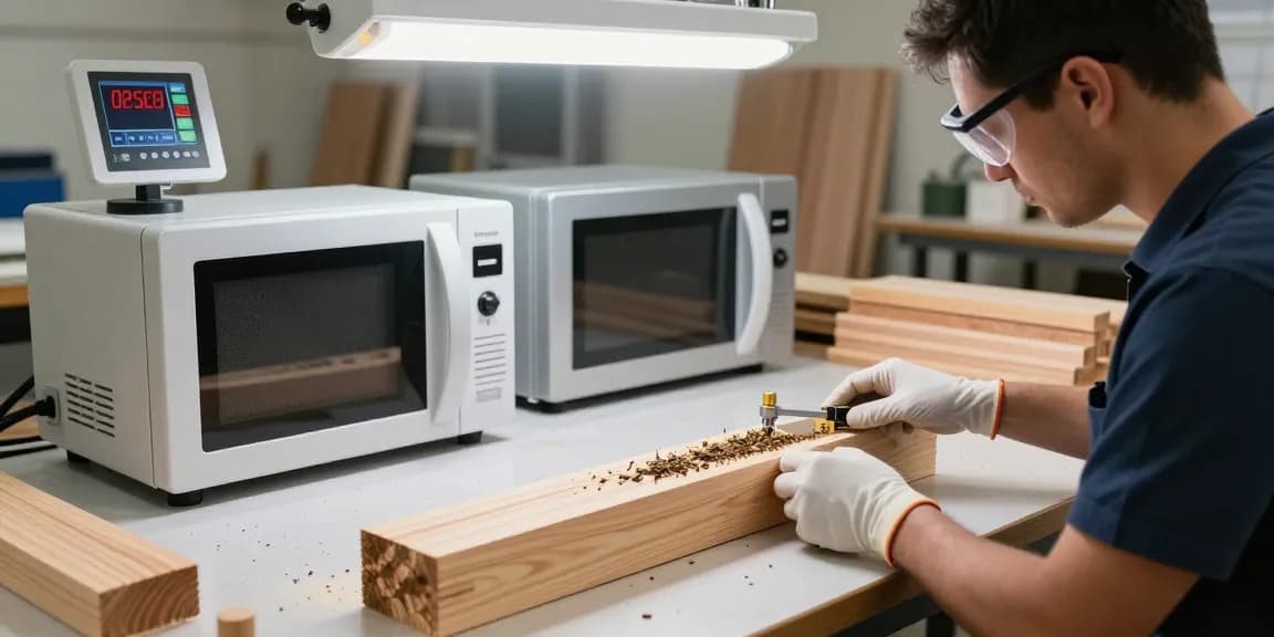 Shashel microwave device treating wood beams for woodworm elimination in a clean workshop.