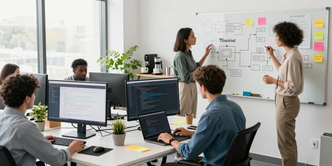 Custom Software Development Services highlighted in a vibrant workspace showing developers collaborating over laptops and whiteboard.