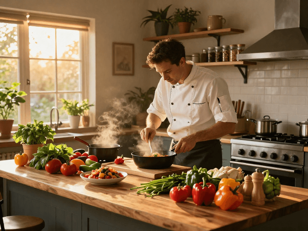 Chef preparing fresh dishes in cozy kitchen, highlighting food slot creativity and vibrant ingredients