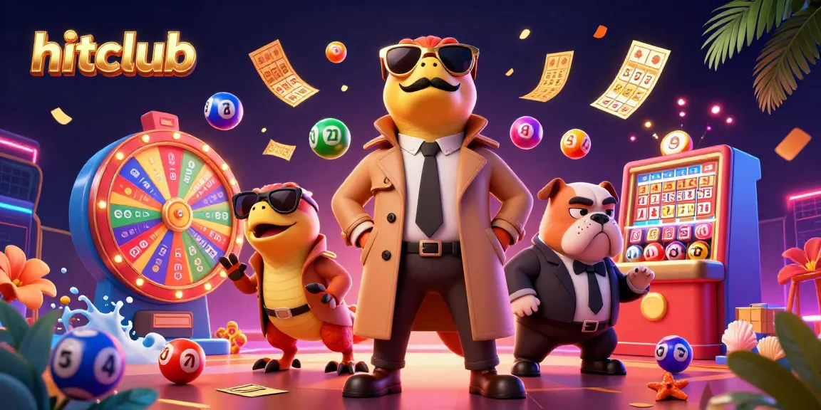 Hitclub players enjoy thrilling games with bouncing lottery balls and enticing bingo cards in a vibrant casino setting.
