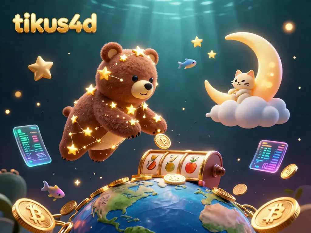 Engage in thrilling gameplay with tikus4d as the golden constellation bear scoops coins, surrounded by vibrant casino elements.