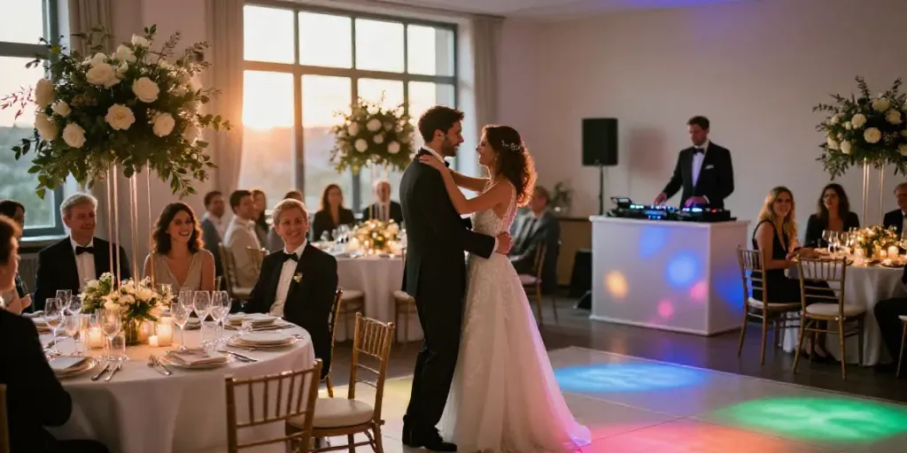Elegant wedding reception with DJ and couple dancing, highlighting hochzeit DJ berlin brandenburg atmosphere.
