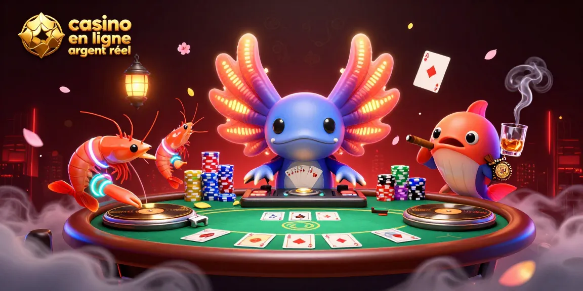 Jouez sur le casino en ligne argent réel avec une scène dynamique illustrant un DJ axolotl et des éléments de poker.