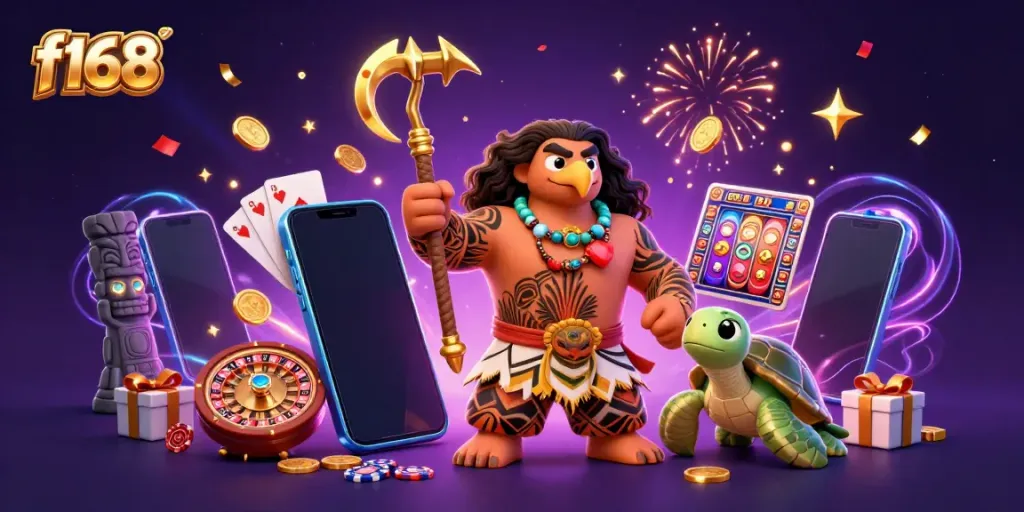 Experience the thrill of f168 with a vibrant 3D hawk demigod beside engaging casino elements like slot games and confetti.
