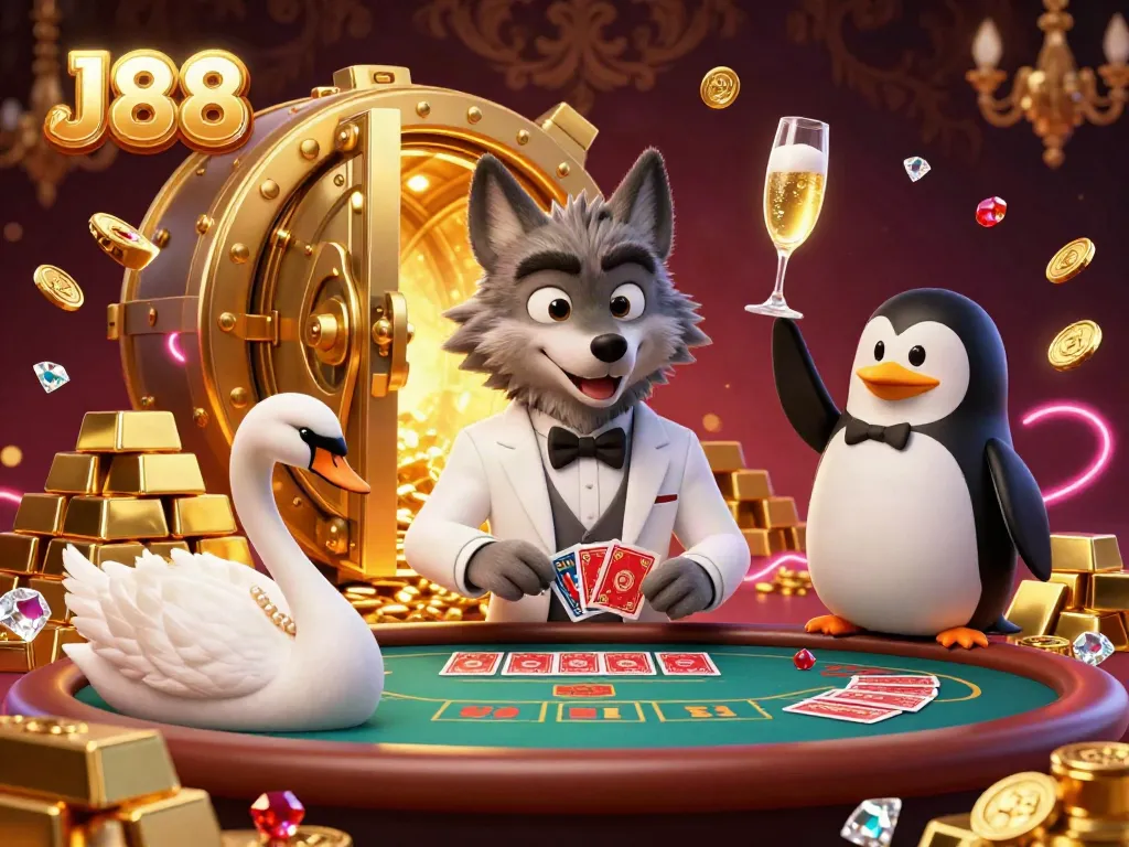 Engage in the thrilling J88 casino experience with a wolf dealer, elegant swan, and penguin sommelier at a baccarat table