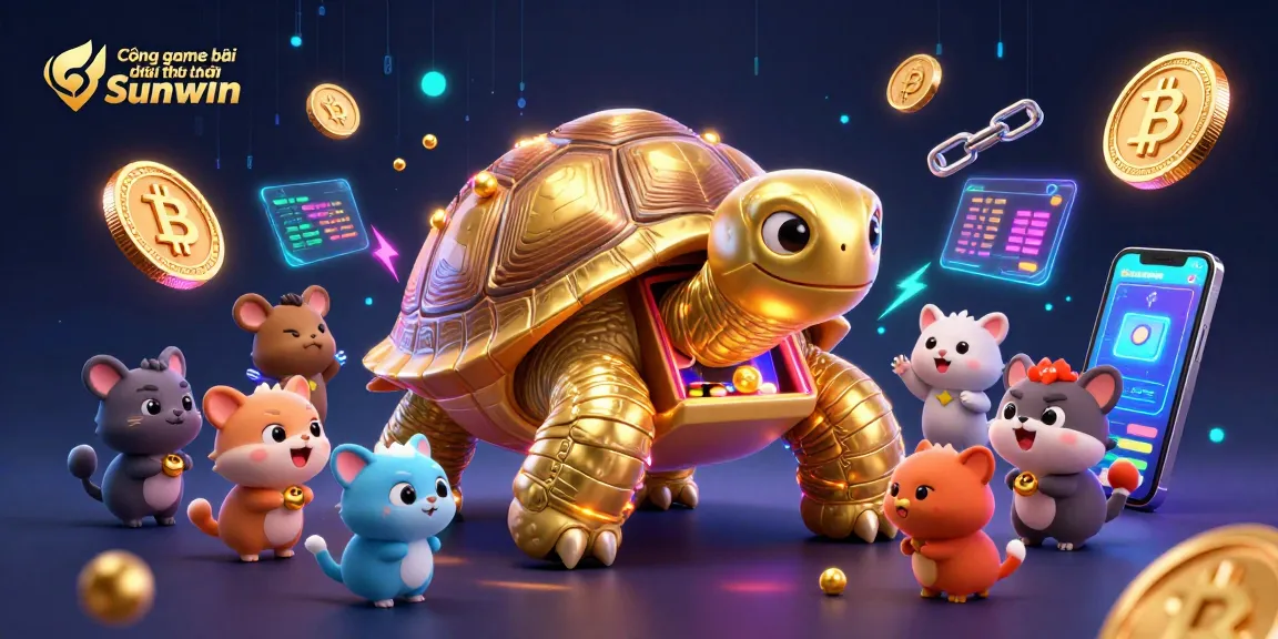 Cổng game bài đổi thưởng Sunwin showcases a golden tortoise pinball machine in a vibrant cartoon casino scene.