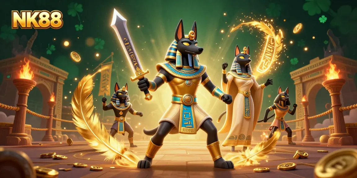 Experience vibrant gameplay at NK88 with Anubis and Bastet amidst a rich casino setting.