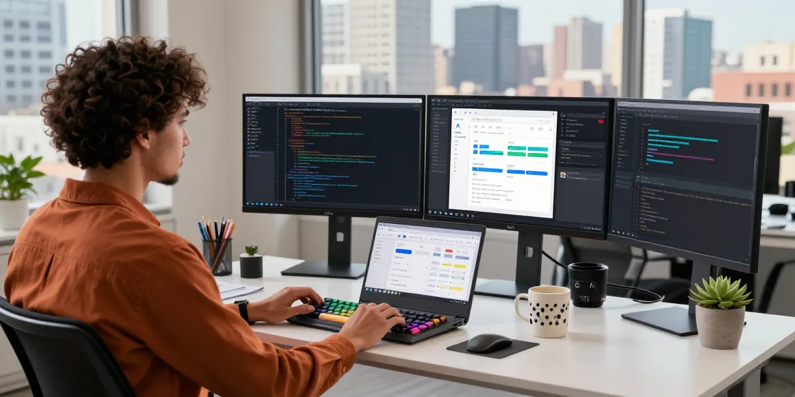 Professional software developer using an AI assistant at a modern tech workspace with dual monitors, laptop, and coffee.