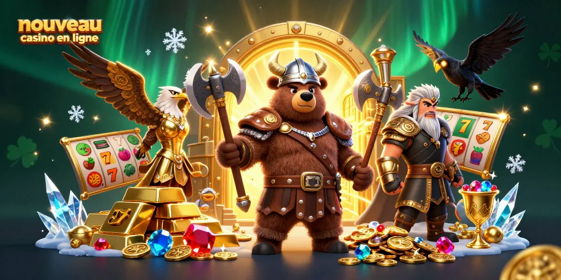 Illustration captivante sur le thème d'un nouveau casino en ligne avec un ours viking et une aigle valkyrie, entourés d'une richesse d'or.