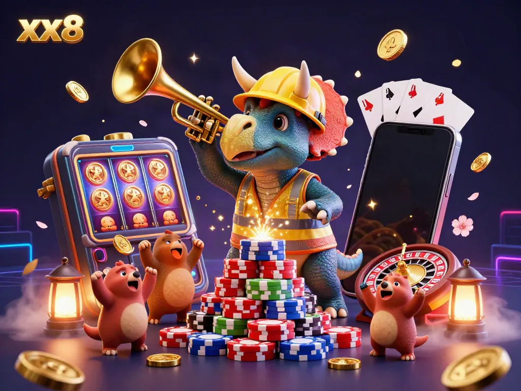 Celebrate your wins with xx8! Enjoy a vibrant casino scene featuring fun characters and gaming elements.