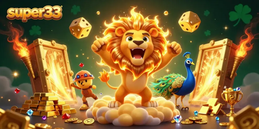 Engage with super33's immersive casino world, featuring a roaring sun lion and dazzling golden treasures.