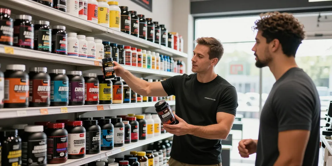 Astera Shop featuring knowledgeable staff assisting customer with Astera Labs steroids in a vibrant, inviting supplement store.