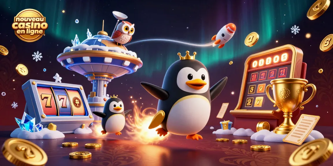 Le nouveau casino en ligne met en vedette un pingouin doré qui fend l'espace, avec des éléments de jeu autour de lui.