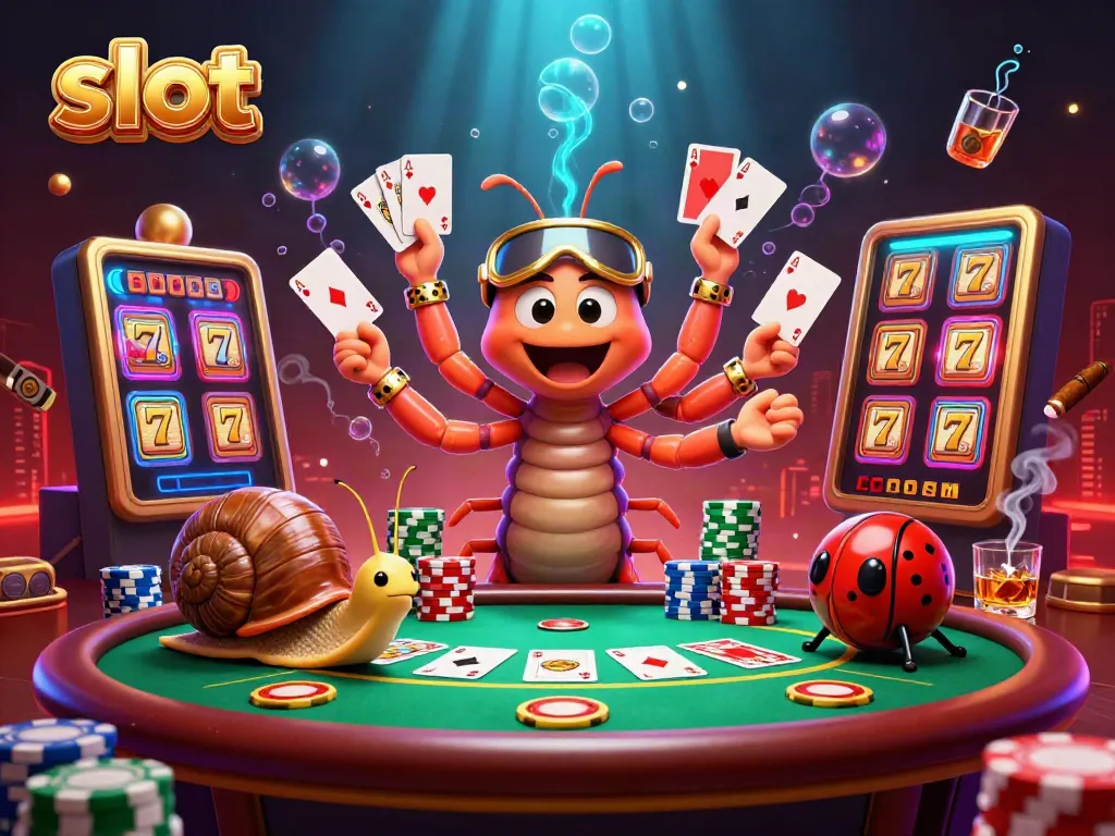 Engaging illustration of slot gaming with a 3D cartoon dealer, colorful poker elements, and jackpot excitement.
