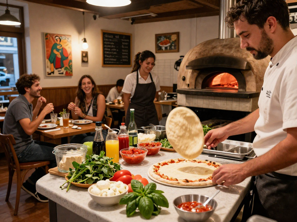 Chef preparing pizza dough in a vibrant pizzeria showcasing fresh ingredients and a lively atmosphere.