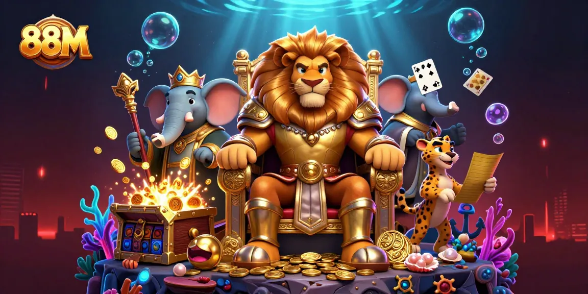 Play thrilling slots with 88M featuring a lion king and treasures in a vibrant casino adventure