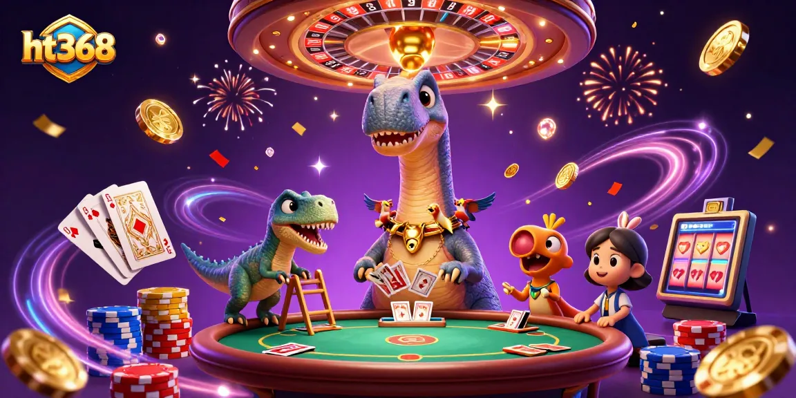 ht368 players enjoying a thrilling casino experience with a giant brontosaurus and clever raptor dealers