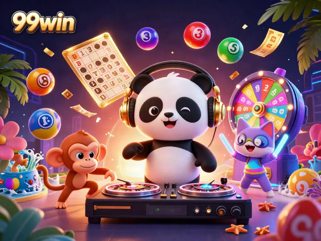 DJ panda spins at a vibrant 99win party, surrounded by casino-themed elements.