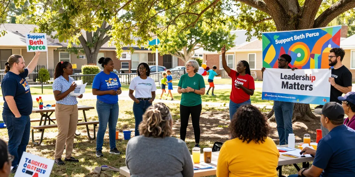 Community rally supporting rokok88 initiative, vibrant outdoor participation with diverse citizens gathering for Beth Pearce's leadership.