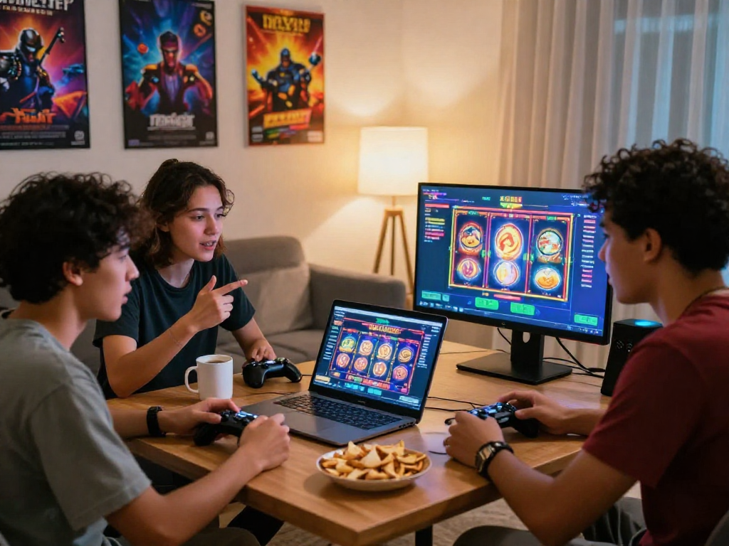 Group of friends exploring strategies for playing slot gacor games in a cozy living room setting.