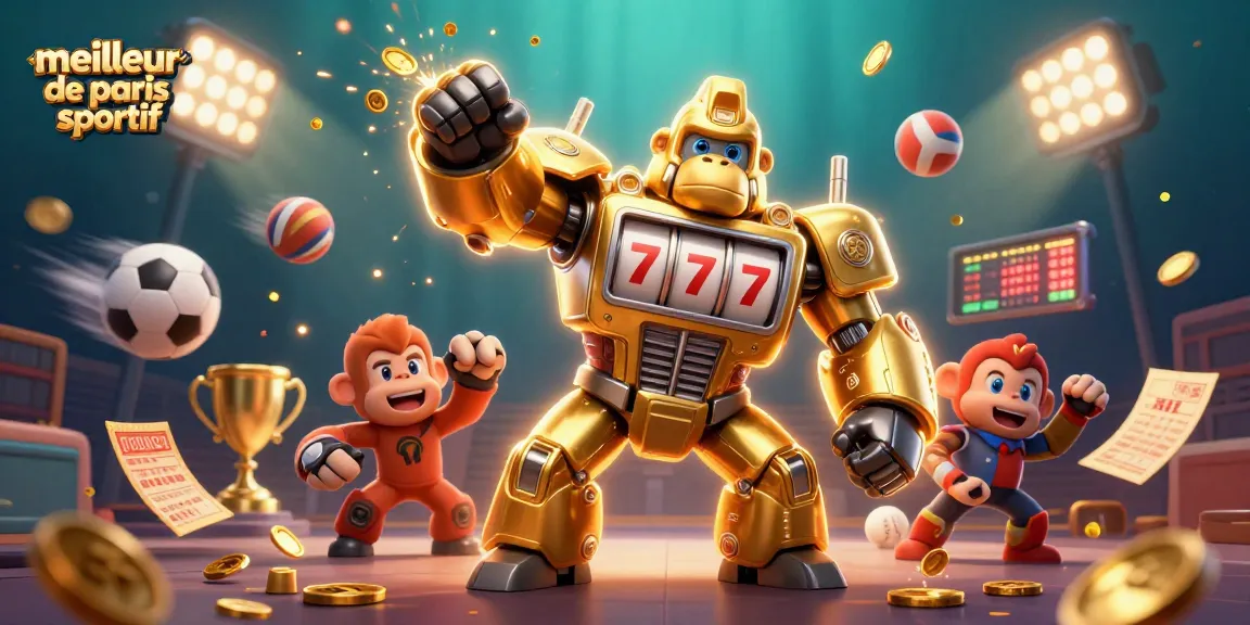 Meilleur site de paris sportif illustrant une fusion dynamique entre un gorille mech et des éléments sportifs.