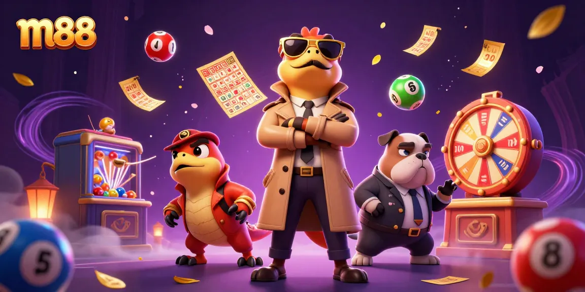Experience m88 betting excitement with three raptors in a trench coat and a bulldog bouncer in a vibrant casino illustration.