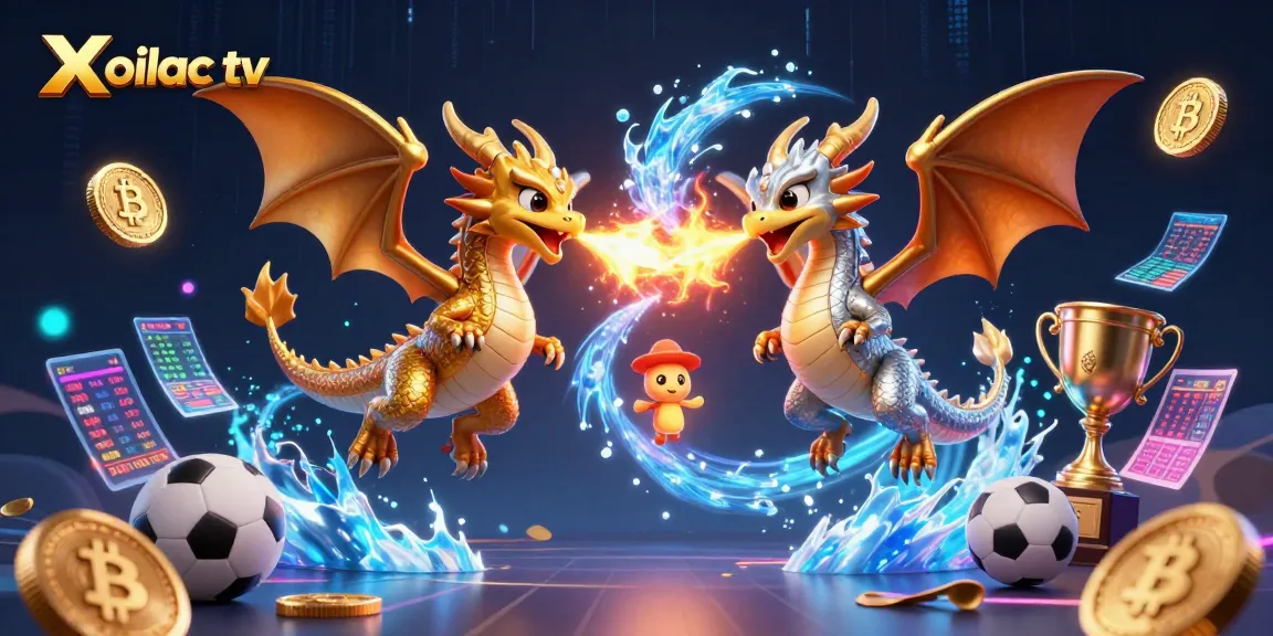 Bet on Xoilac tv as twin dragons embodying fiery passion and icy precision clash amidst sports and crypto elements.