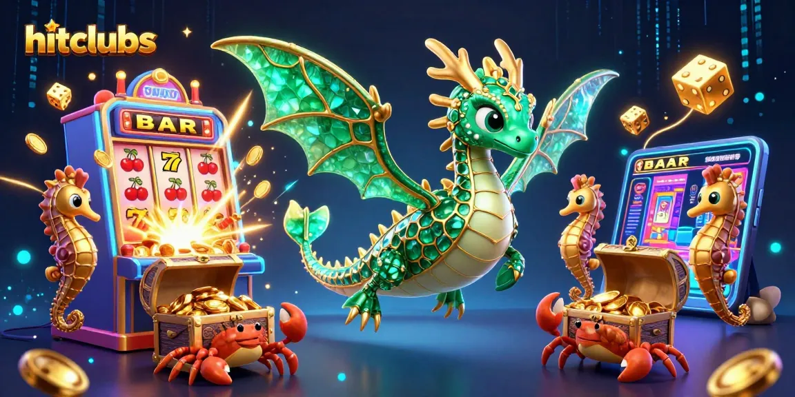 Hitclubs players enjoy a vibrant scene filled with a sea dragon, slot machines, and golden treasure!