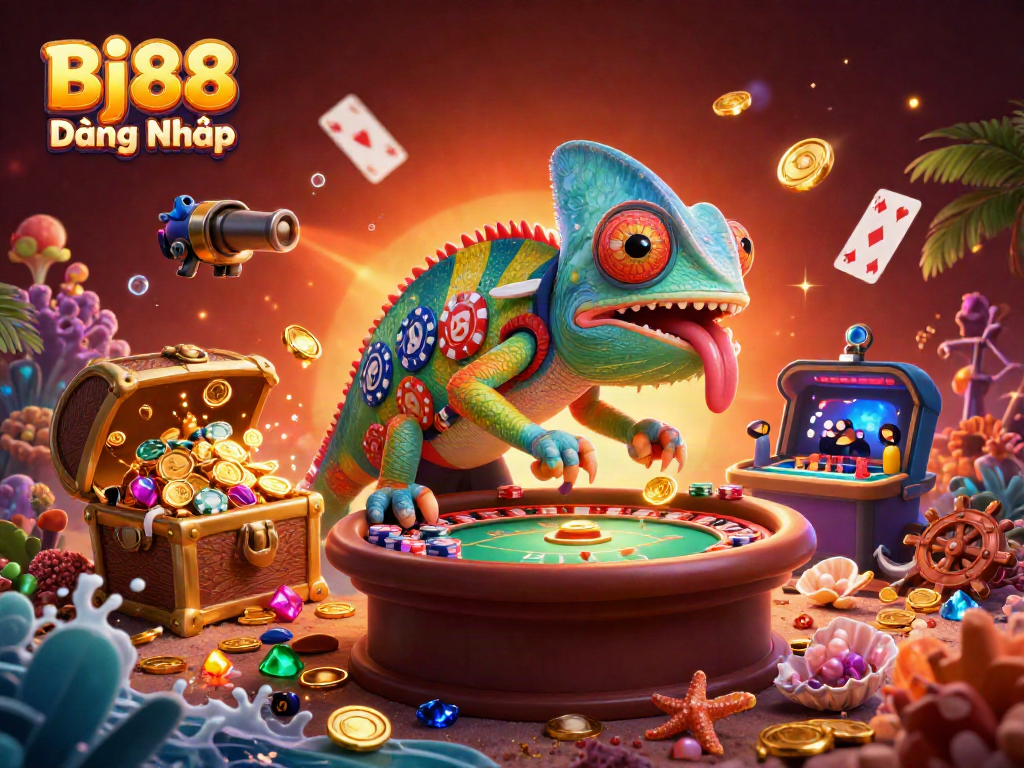Immerse in thrilling gaming with Bj88 Đăng Nhập, vibrant 3D illustration of casino owner and aquatic treasures.