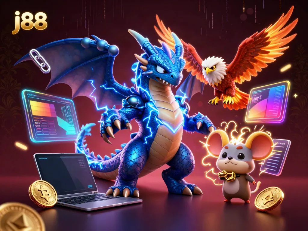 Engage with the j88 gaming adventure featuring vibrant 3D characters and immersive casino elements.