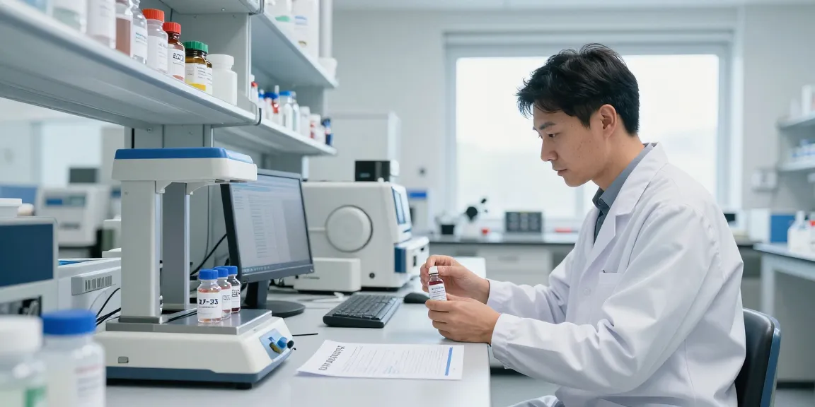Researcher analyzing b7-33 for sale in a lab setting with vials and COA documents.