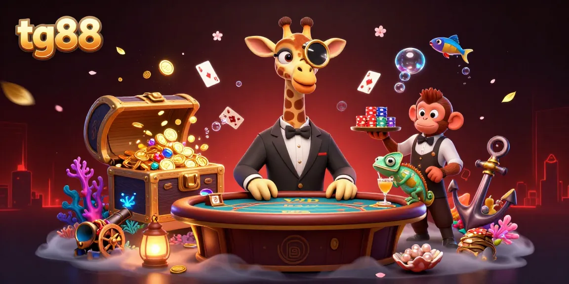 Experience the thrill of tg88 with a high-roller giraffe and vibrant casino elements in this 3D illustration.
