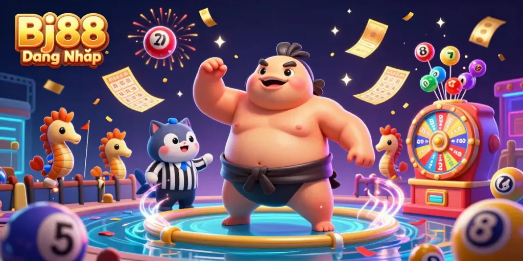 Bj88 Đăng Nhập highlights a lively underwater casino scene with a cartoon fugu, celebrating with lottery elements.