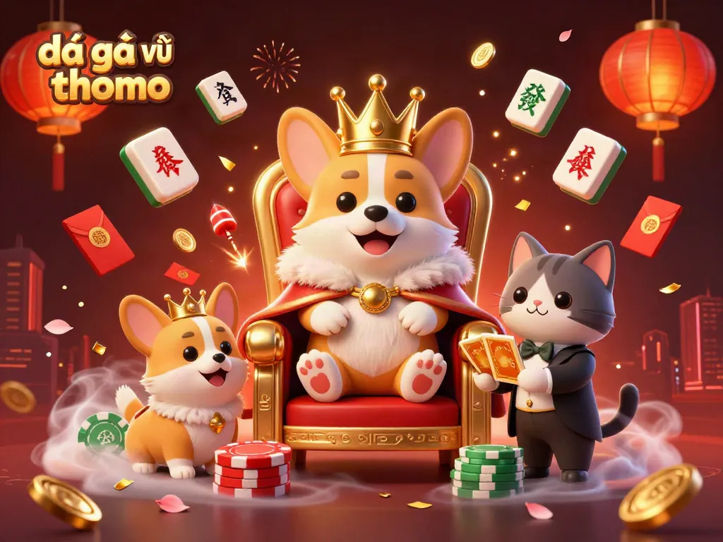 Experience the thrill of đá gà trực tiếp thomo with this vibrant 3D illustration capturing a royal corgi and elements of excitement.