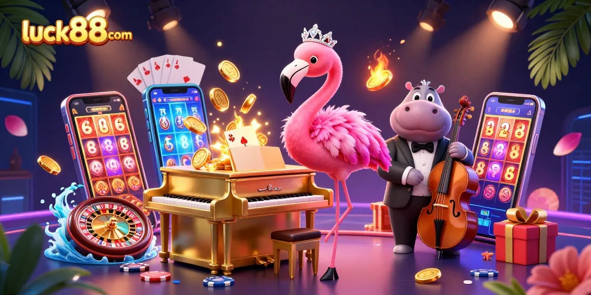 Join the excitement at luck88com with vibrant casino games featuring a flamboyant flamingo and cool hippo.