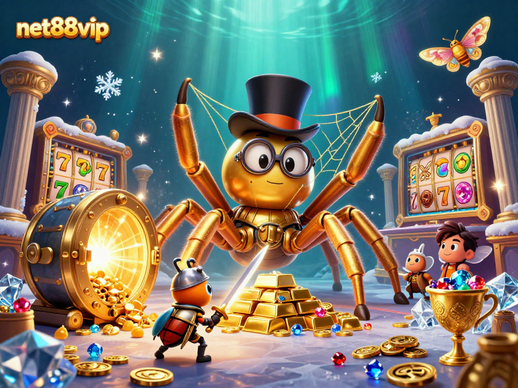 net88vip showcases playful cartoon characters in a lively casino scene filled with winnings and excitement