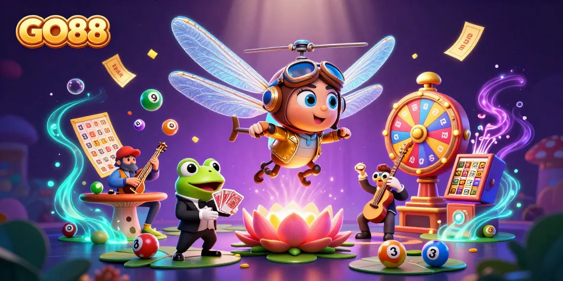Engage with GO88's dynamic gambling scene featuring a dragonfly pilot and frog croupier.