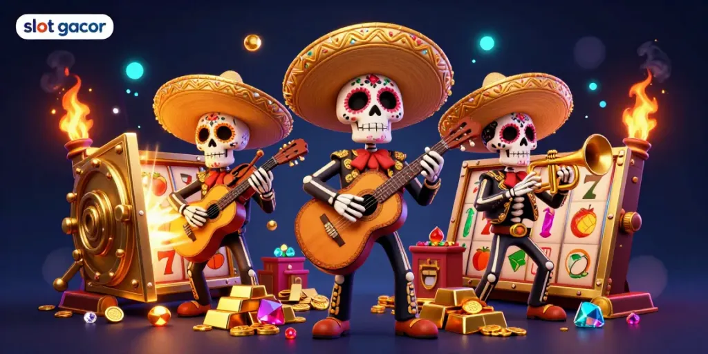 Playing slot gacor while enjoying a festive mariachi band with rich casino visuals and dazzling jackpot elements.