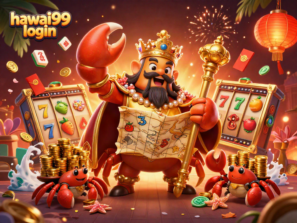 Engage with hawai99 login for an exciting casino adventure featuring a golden crab emperor and slot reels.