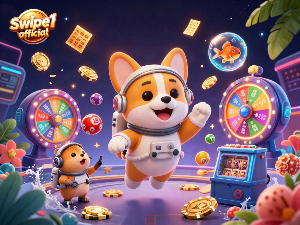Engage with Swipe1 official in a vibrant casino-inspired adventure filled with floating elements and energetic characters.