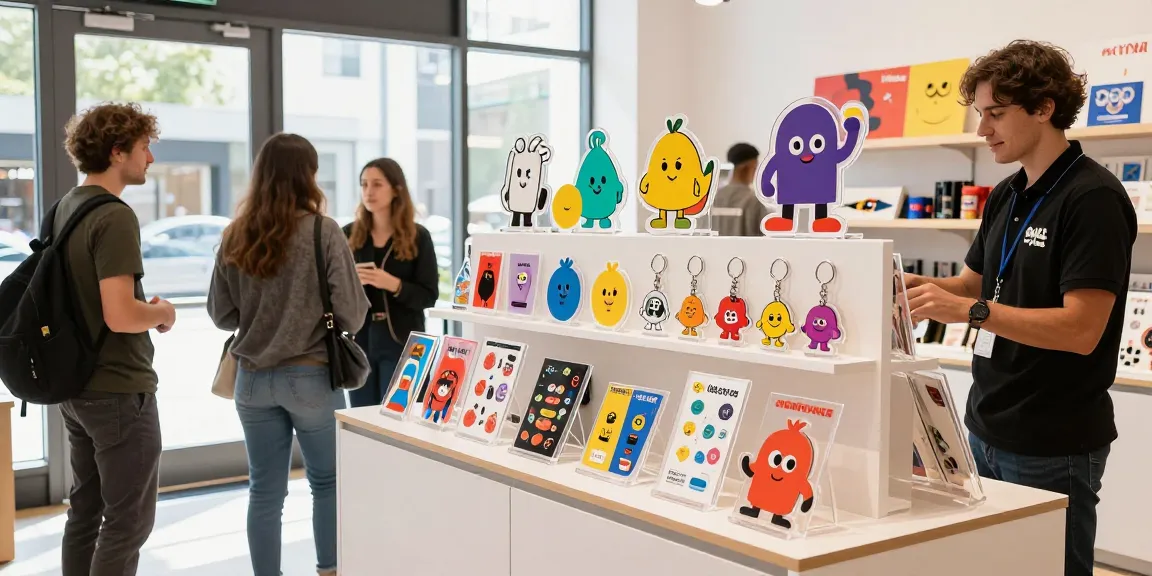 Custom acrylic stand display featuring personalised designs and products in a lively retail environment.