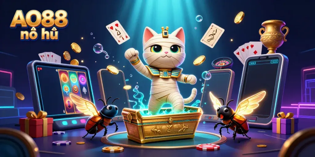Experience the vibrant world of AO88 nổ hũ as the Egyptian mummy cat bursts from a golden sarcophagus amidst exciting casino elements.