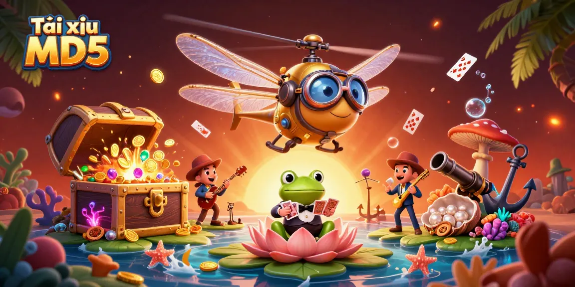 Tài xỉu MD5 explosion of treasure in a vibrant casino scene featuring frog croupier and dragonfly pilot.