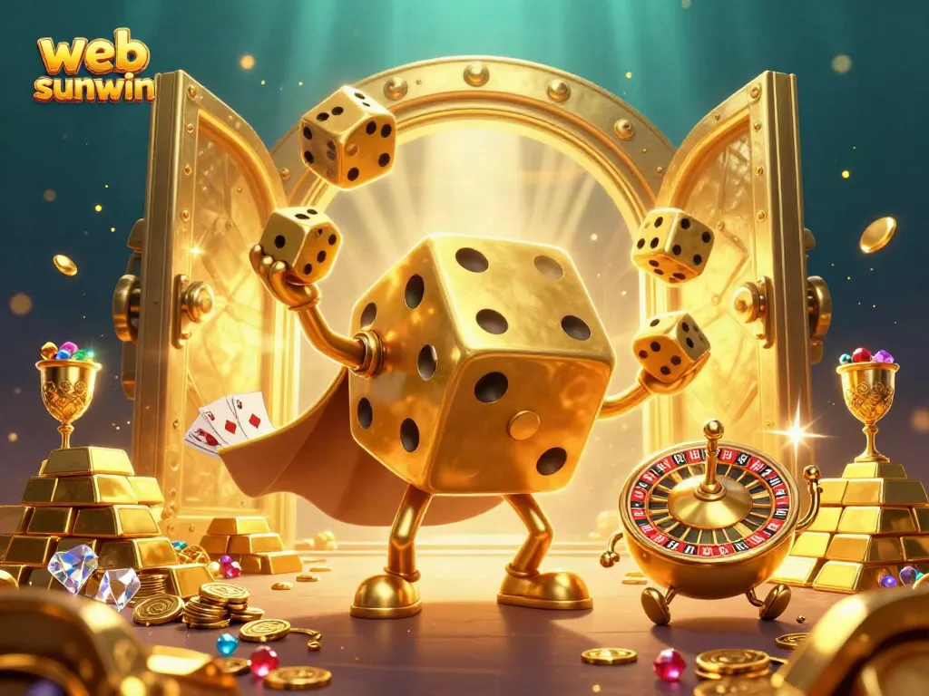 Experience the thrill of gaming with web sunwin as golden dice and treasures create a vibrant casino atmosphere.