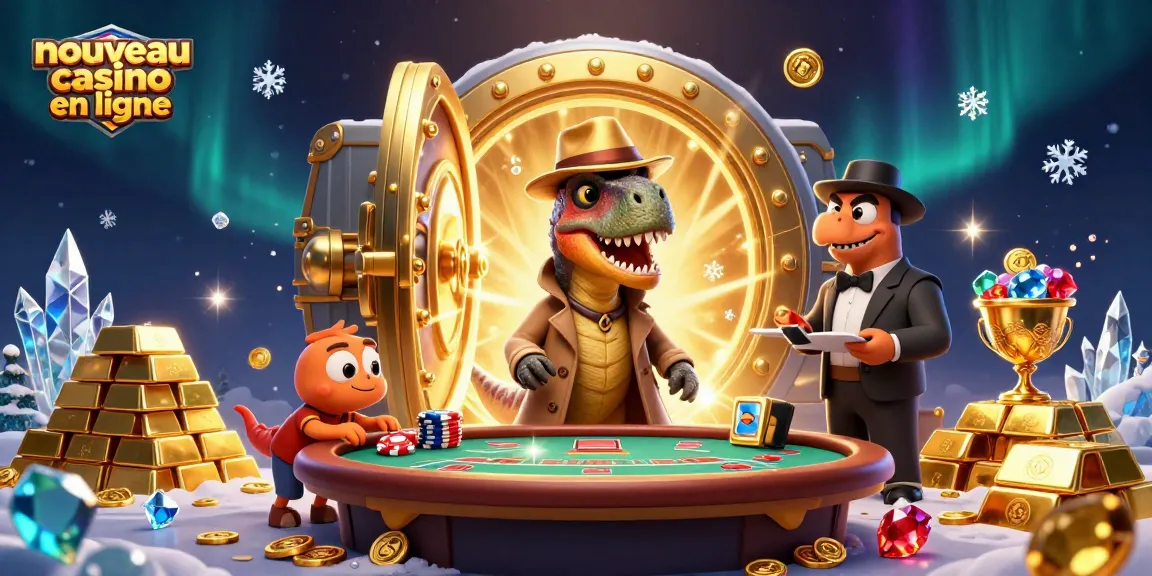 Visuel captivant de la scène "nouveau casino en ligne" avec un vélociraptor joueur aux cartes à une table de blackjack.