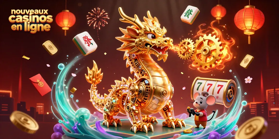 Découvrez une illustration 3D animée captivante des nouveaux casinos en ligne, avec un dragon doré et des éléments de jeu dynamiques.