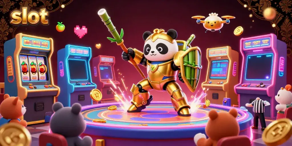 Engaging 3D scene of a golden panda in a mech suit playing slot machines amidst colorful arcade elements.